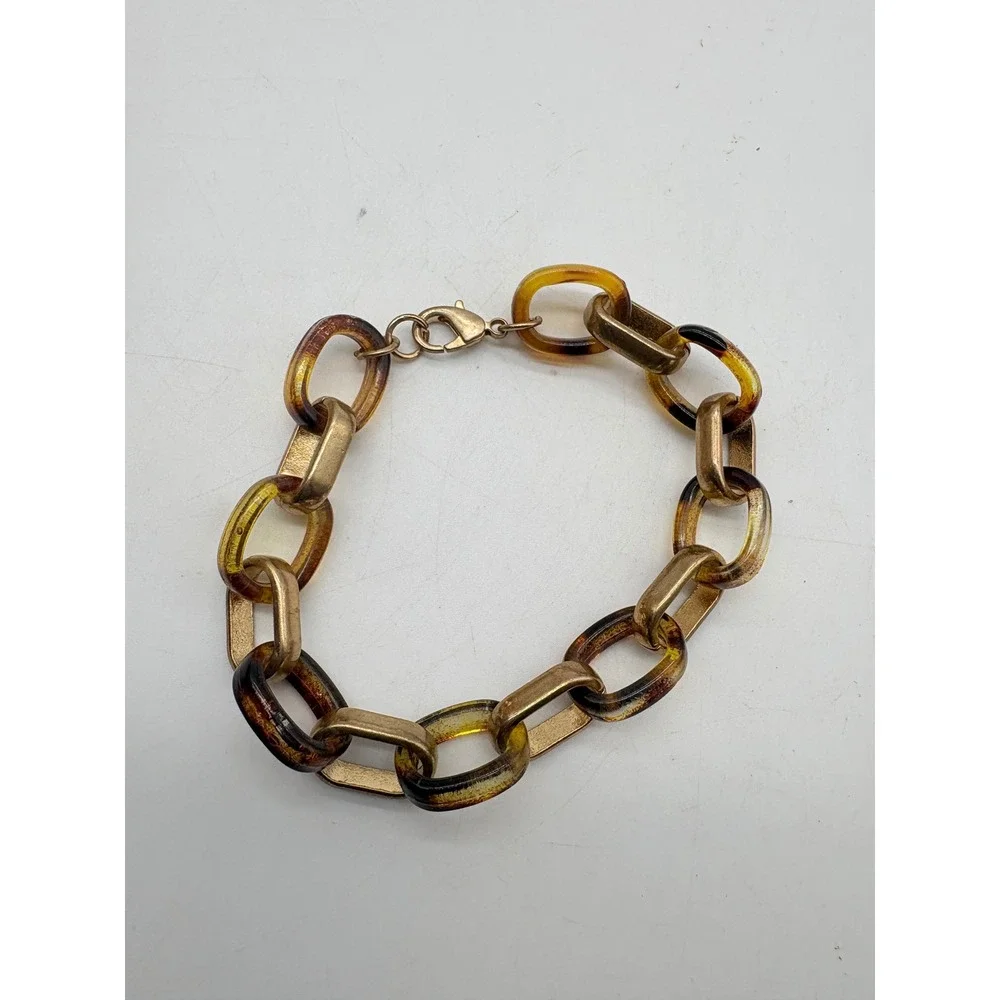 Gold Tone and Tortoiseshell Resin Chunky Oval Chain Link‎ Bracelet